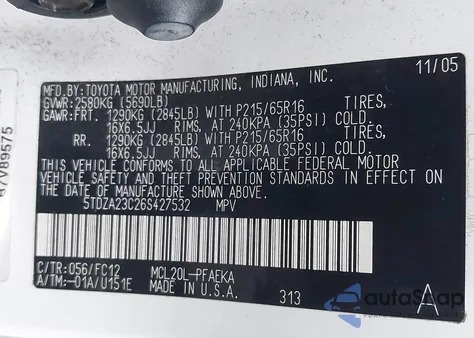 2006 Toyota Sienna Le из США, поврежденный, VIN 5TDZA23C26S427532